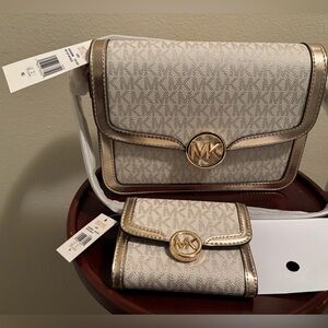 Michael Kors Gold and Cream Crossbody Bag Set